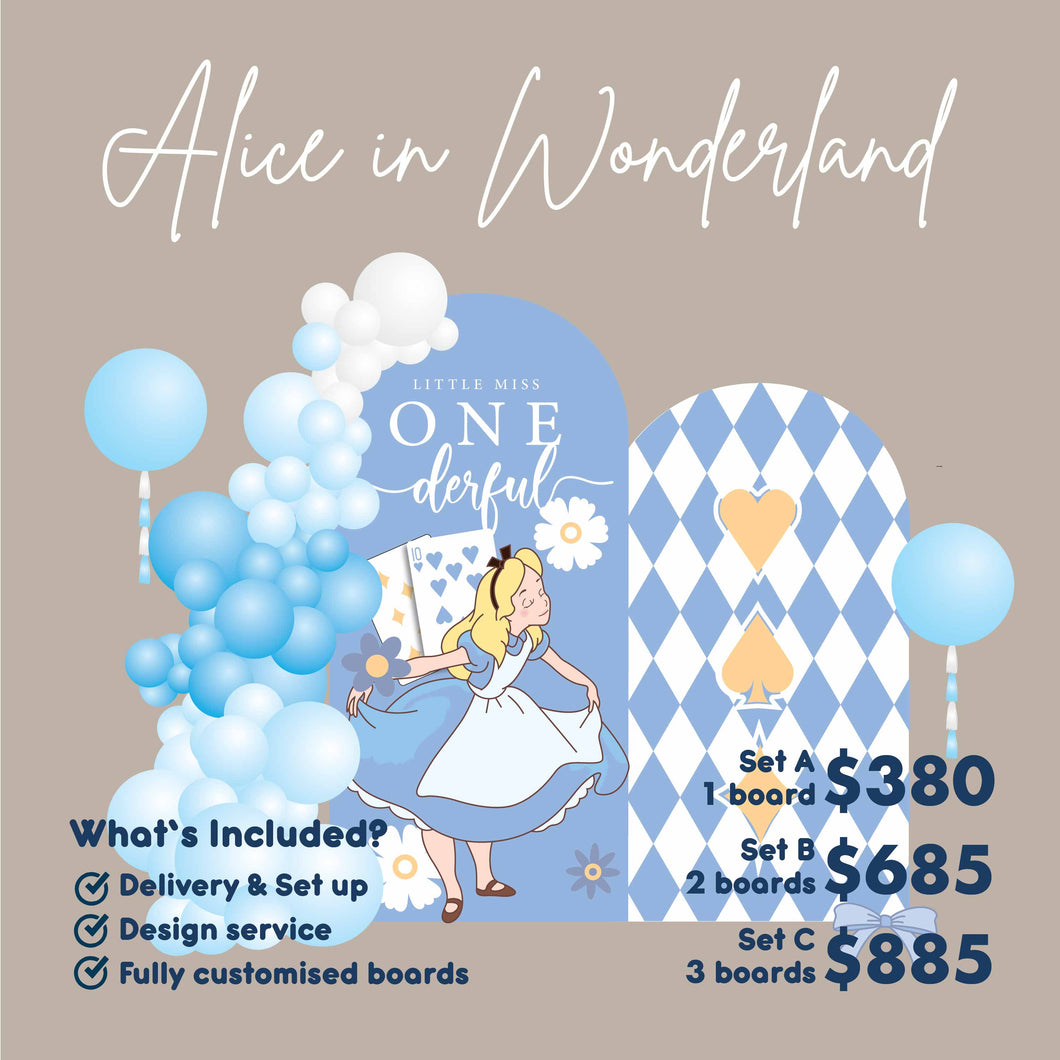 [Enquiry Form] Alice in Wonderland Birthday Theme Foamboard Backdrop Set-up with Balloon Garland